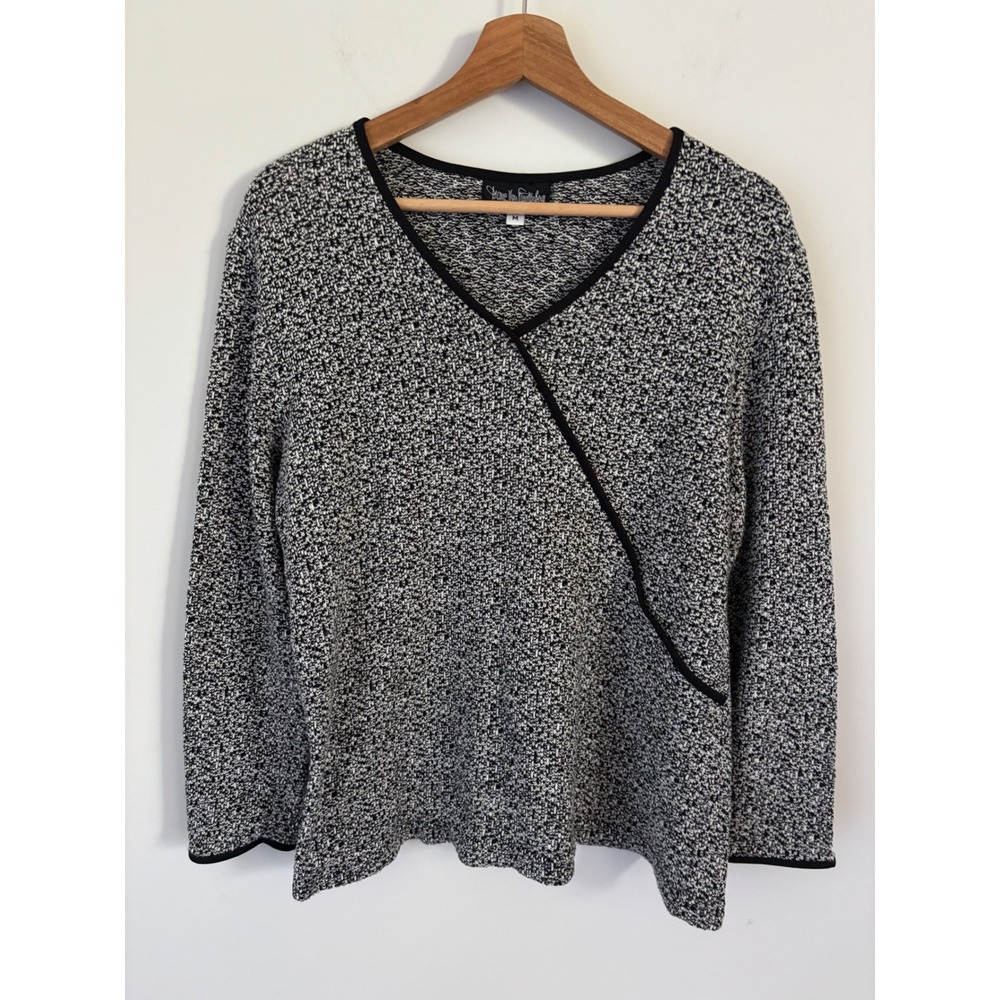 Diane Von Furstenberg DVF Concepts Black White Marled V-Neck Faux Wrap Sweater M